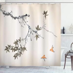 Ambesonne Japanese Shower Curtain, Cherry Blossom Sakura Tree Branches Romantic Spring Themed Watercolor Picture, Cloth Fabric Bathroom Decor Set with Hooks, 70″ Long, Pale Purple(Dark Eggshell)
