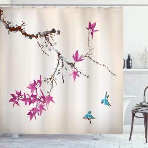 Ambesonne Japanese Shower Curtain, Cherry Blossom Sakura Tree Branches Romantic Spring Themed Watercolor Picture, Cloth Fabric Bathroom Decor Set with Hooks, 70″ Long, Pale Purple(Dark Magenta)