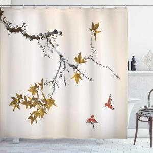 Ambesonne Japanese Shower Curtain, Cherry Blossom Sakura Tree Branches Romantic Spring Themed Watercolor Picture, Cloth Fabric Bathroom Decor Set with Hooks, 70″ Long, Pale Purple(Dark Yellow)