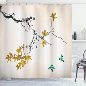 Ambesonne Japanese Shower Curtain, Cherry Blossom Sakura Tree Branches Romantic Spring Themed Watercolor Picture, Cloth Fabric Bathroom Decor Set with Hooks, 70″ Long, Pale Purple(Earth Yellow)