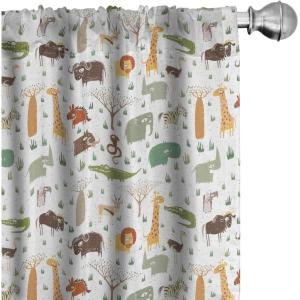 Ambesonne Cartoon Animal Window Curtains, Colorful Pastel Grunge Savannah Fauna Theme Savannah Funny Wildlife Pattern, Lightweight Decor 2-Panel Set with Rod Pocket, Pair of – 28″ x 63″, Green Beige