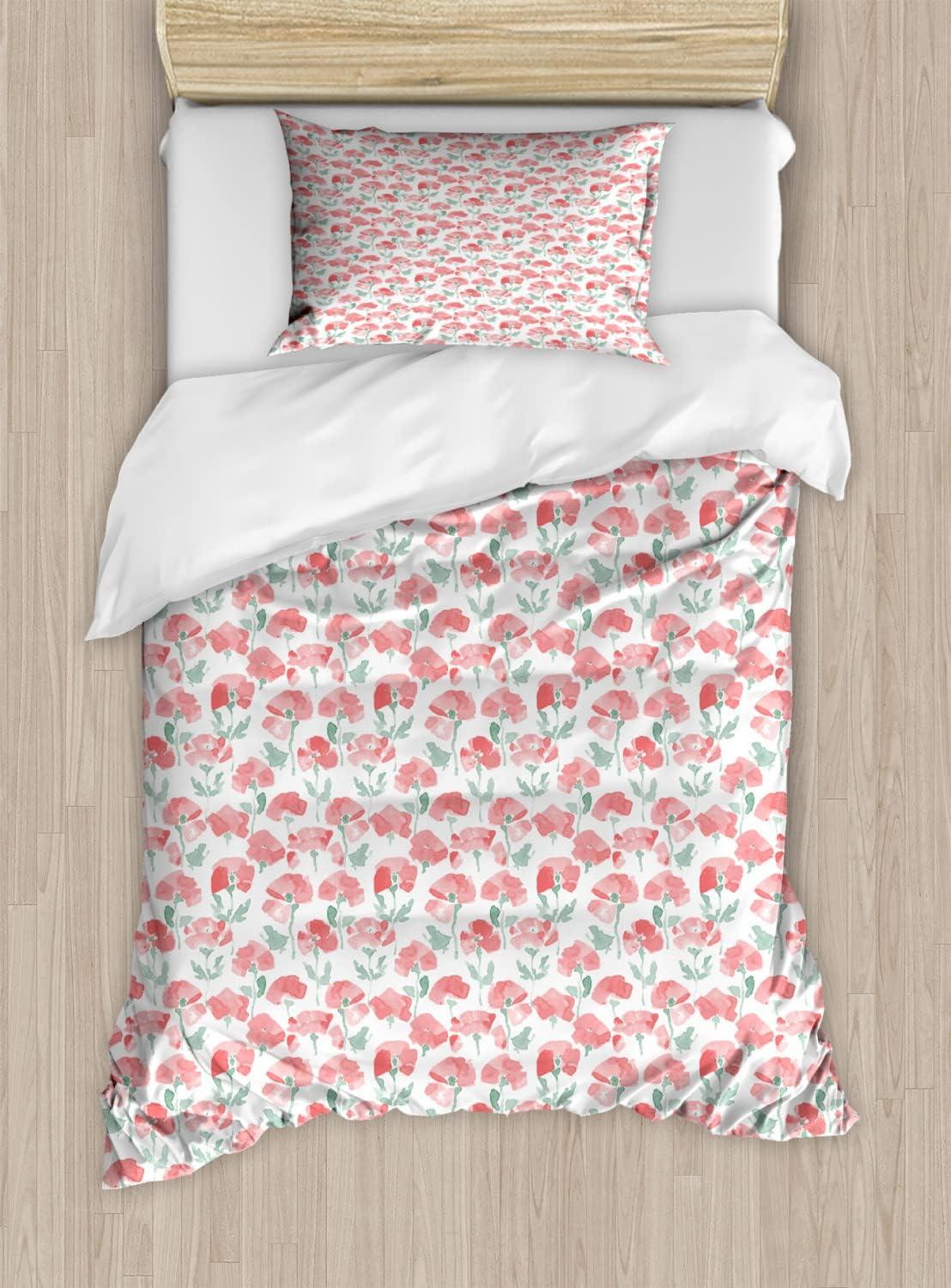 imageAmbesonne Romantic Duvet Cover Set Valentines Hearts Lovers Forever Together Birthday Marriage Print Decorative 3 Piece Bedding Set with 2 Pillow Shams Queen Size Sea Green BrownCoral and Reseda Green