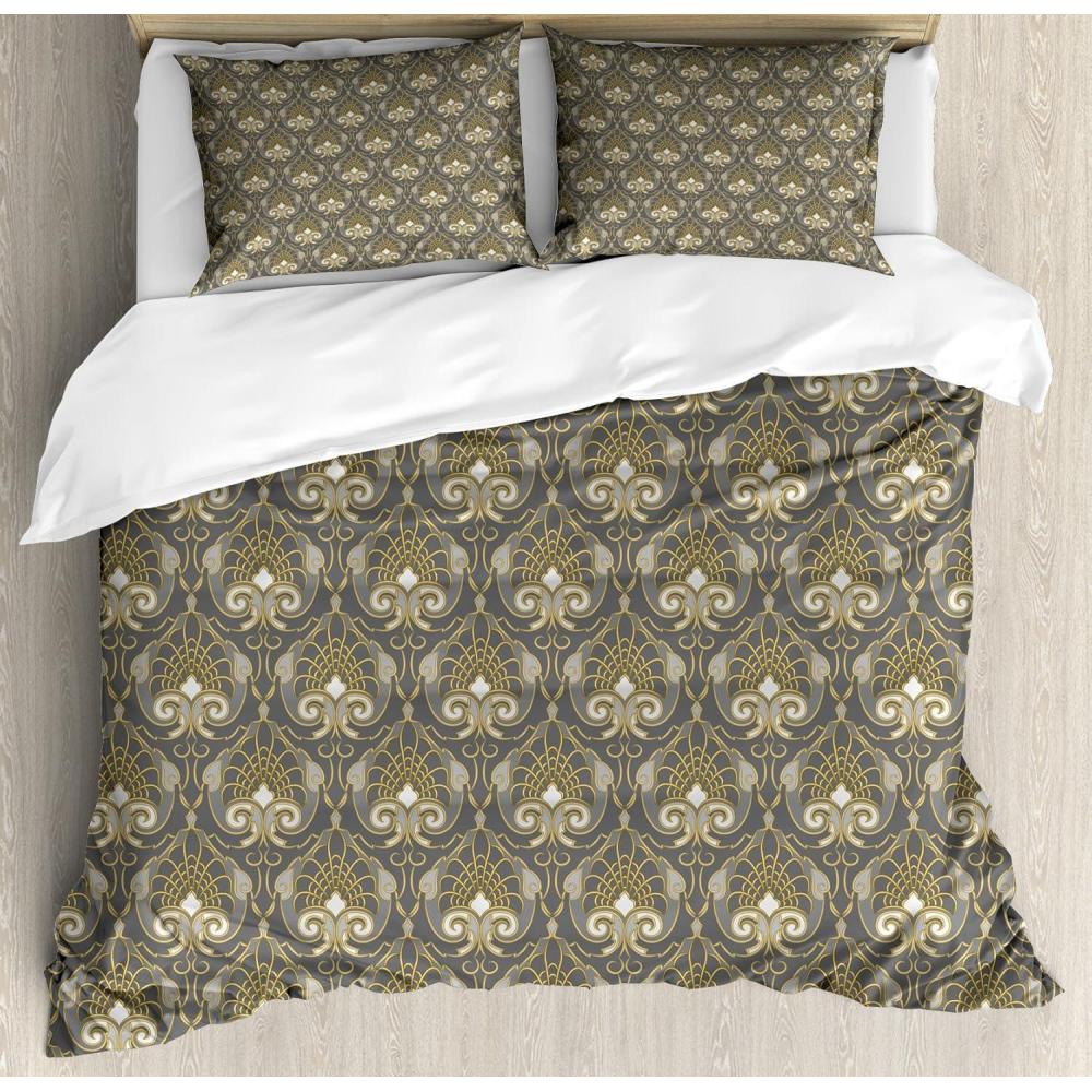 imageAmbesonne Romantic Duvet Cover Set Valentines Hearts Lovers Forever Together Birthday Marriage Print Decorative 3 Piece Bedding Set with 2 Pillow Shams Queen Size Sea Green BrownGrey and Yellow