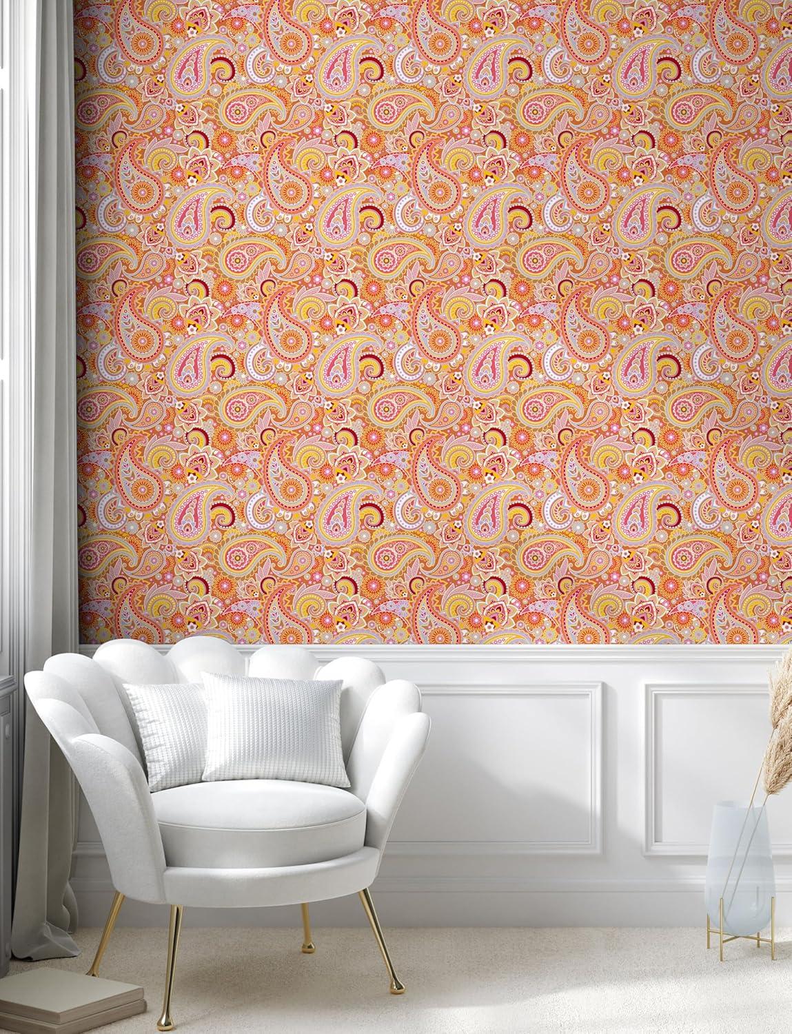 imageAmbesonne Orange Peel amp Stick Wallpaper for Home Design Elements Traditional Paisley Floral Pattern Swirls Leaves Motif SelfAdhesive Living Room Kitchen Accent 13 x 36 Orange and Pink