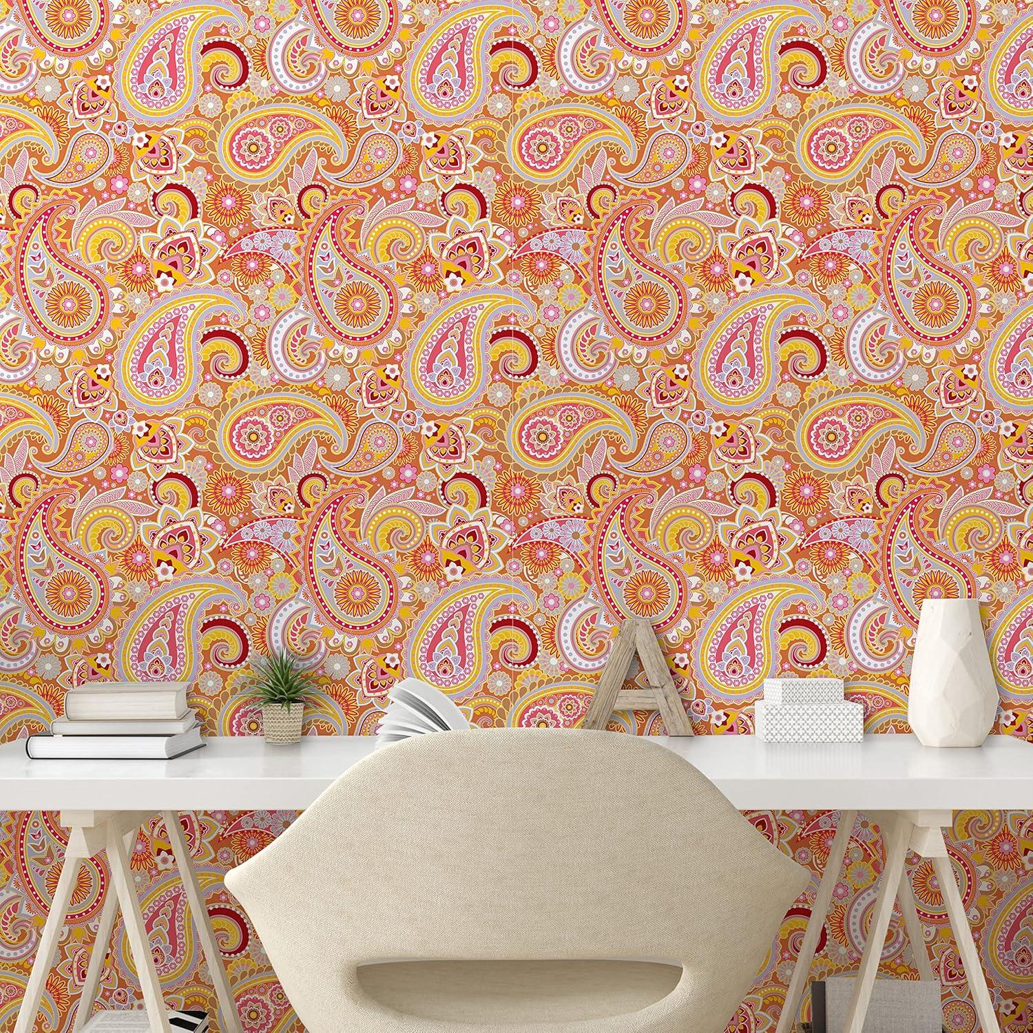 imageAmbesonne Orange Peel amp Stick Wallpaper for Home Design Elements Traditional Paisley Floral Pattern Swirls Leaves Motif SelfAdhesive Living Room Kitchen Accent 13 x 36 Orange and Pink