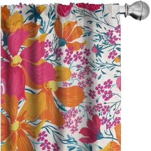 Ambesonne Floral Curtains, Abstract Retro Continuous Neutral Flowers Print Springtime Garden Scene, Window Treatments 2 Panel Set for Living Room Bedroom, Pair of – 28″ x 95″, Charcoal Grey and Peach(Vermilion Hot Pink)
