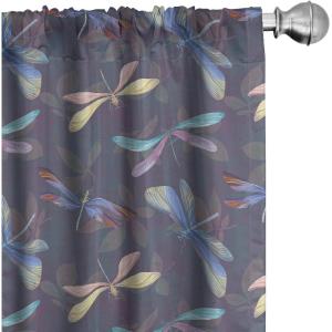 Ambesonne Nature Art Window Curtains, Dragonfly Ornaments Modern Botanical Wings Pattern Grunge Effect, Lightweight Decor 2-Panel Set with Rod Pocket, Pair of – 28″ x 84″, Plum Teal and Multicolor(Plum Teal and Multicolor)