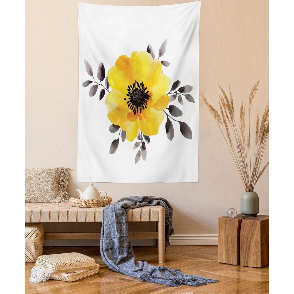 imageAmbesonne Flower Tapestry Watercolored Image of Single Flower and Leaves Abstract Design Modern Artwork Wall Hanging for Bedroom Living Room Dorm Decor 60 X 80 Yellow and GreyYellow and Grey