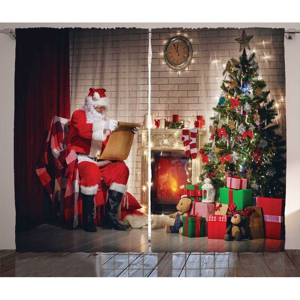 imageAmbesonne Santa Curtains Old Santa Claus Sitting at Home at Christmas Night Reading a Letter Near The Tree Living Room Bedroom Window Drapes 2 Panel Set 108 X 96 Dark Coral Ivory