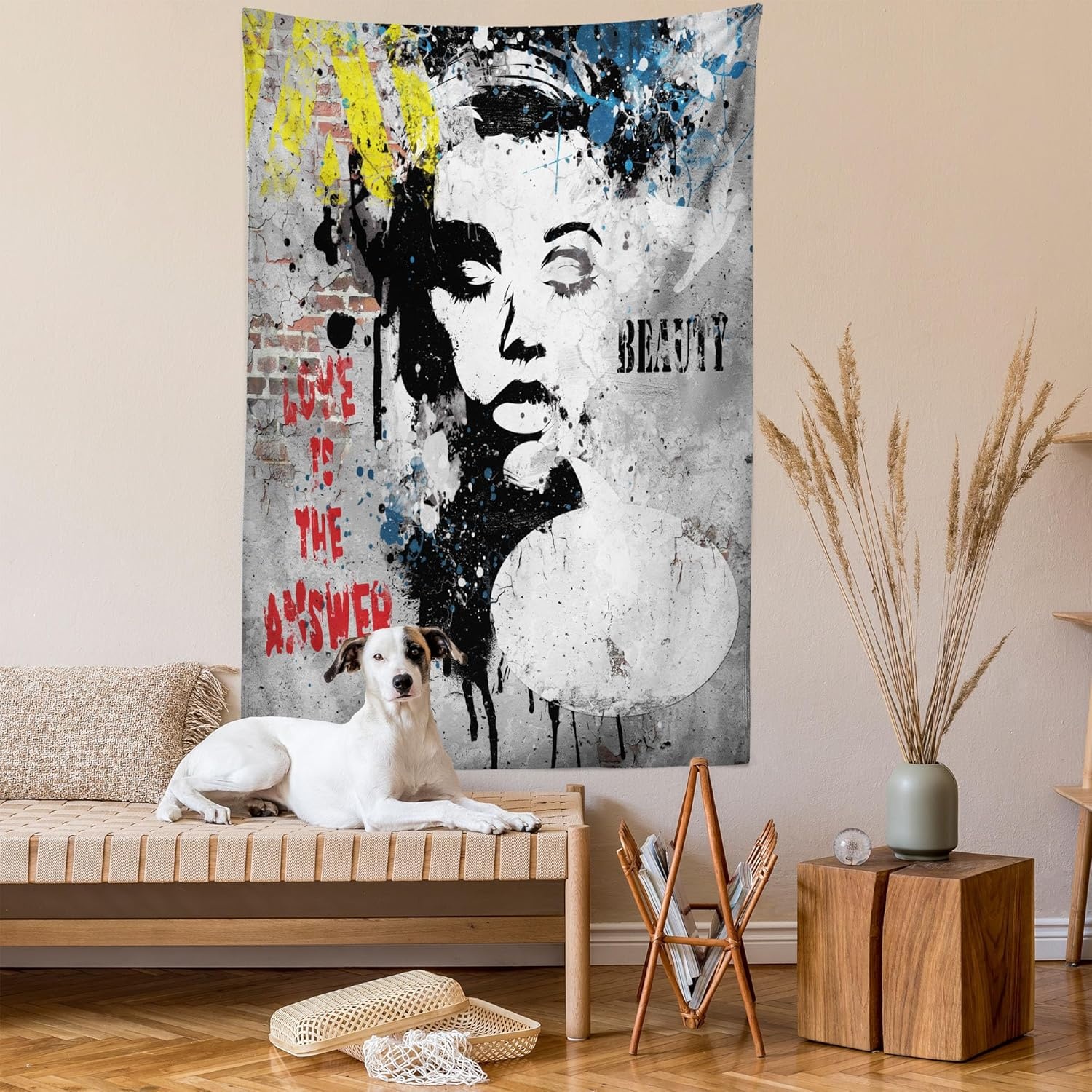 imageAmbesonne Graffiti Tapestry Modern and Grunge Wall a Girl and Words Casual Youth Urban Fashion Print Wall Hanging for Bedroom Living Room Dorm Decor 40 X 60 Yellow Grey