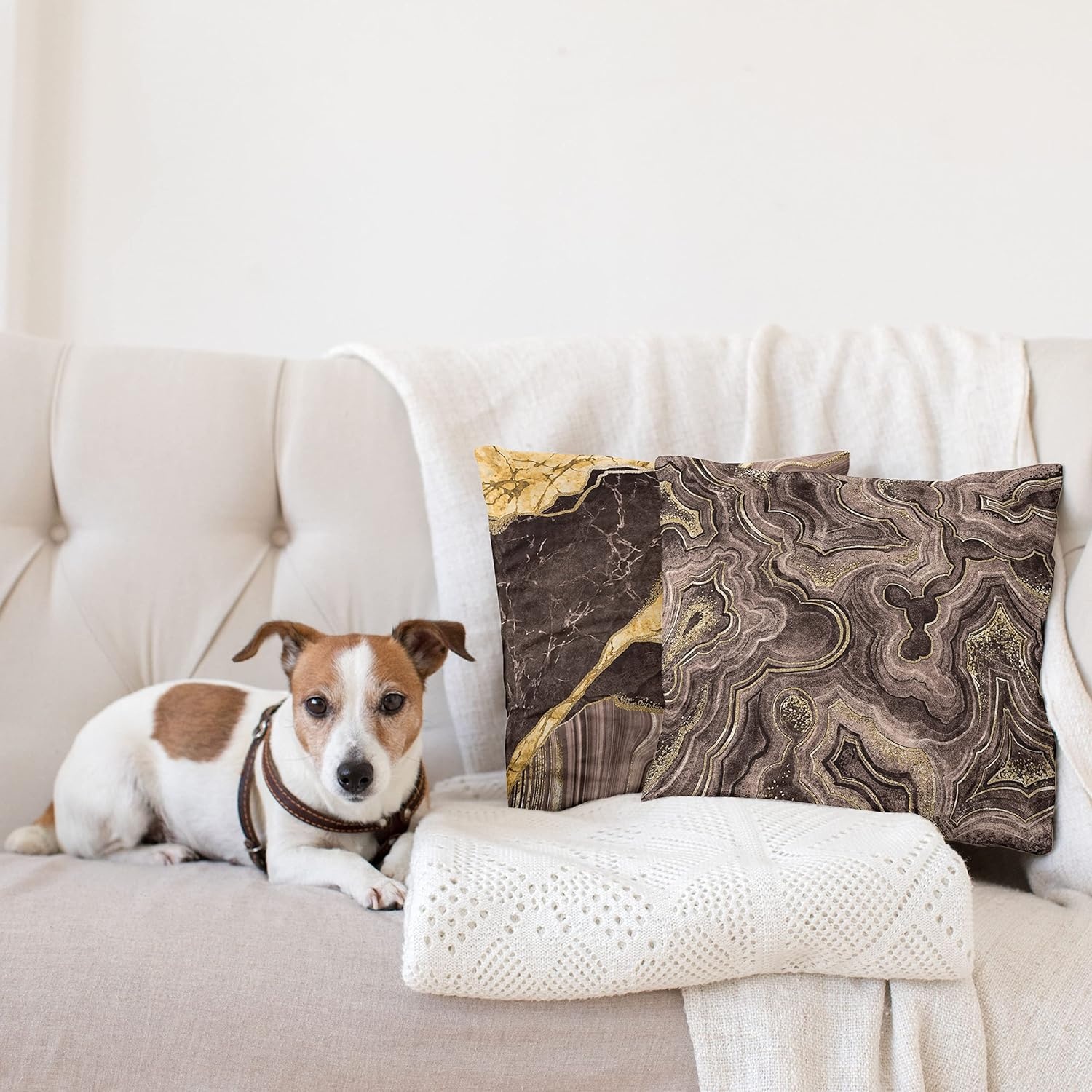 imageAmbesonne Marble Print Decorative Throw Pillow Case Pack of 2 Earthy Tones Themed Abstract Modern Waving Natural Stone Motif Couch Bedroom Living Room Cushion Cover 20 Mustard Taupe and Brown
