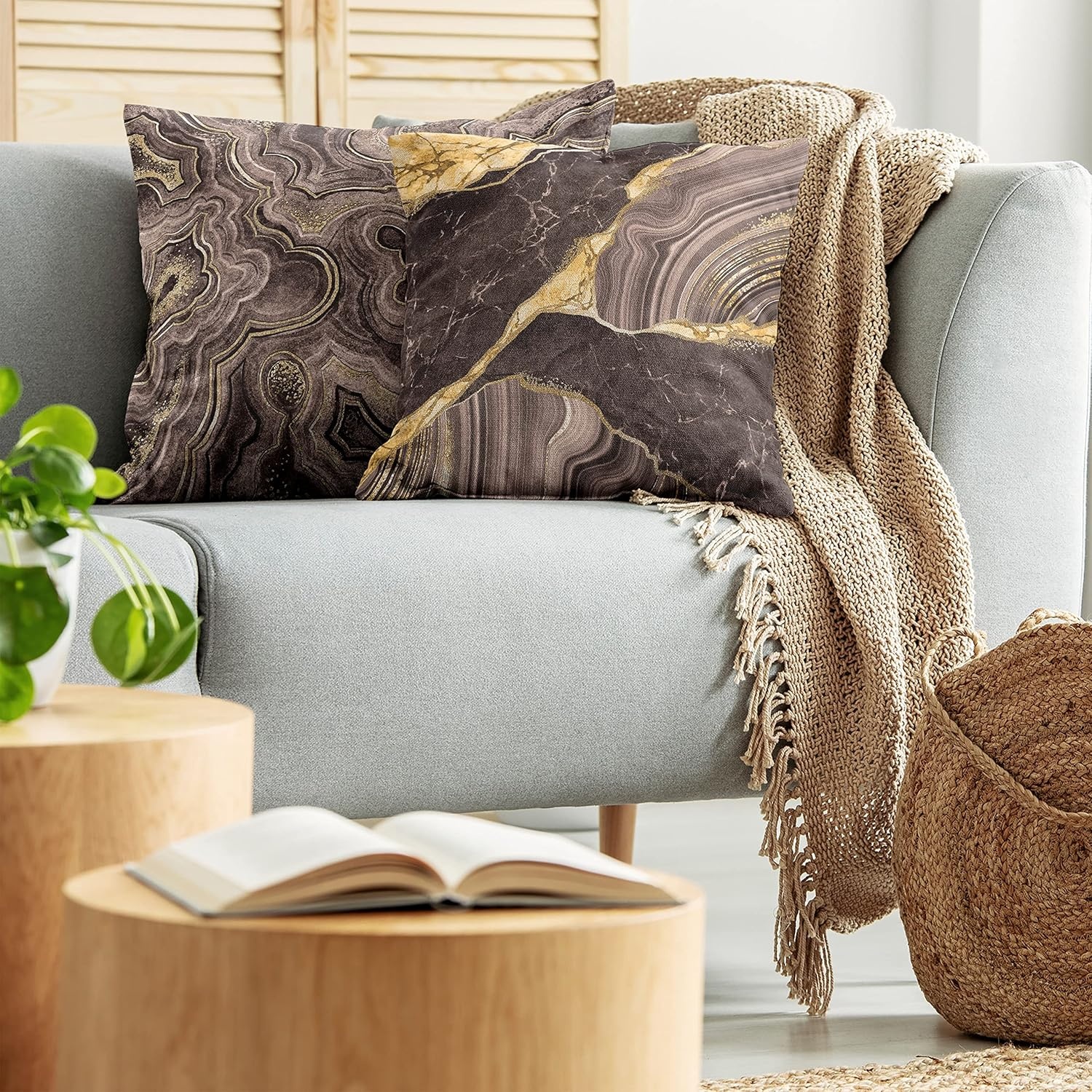 imageAmbesonne Marble Print Decorative Throw Pillow Case Pack of 2 Earthy Tones Themed Abstract Modern Waving Natural Stone Motif Couch Bedroom Living Room Cushion Cover 20 Mustard Taupe and Brown