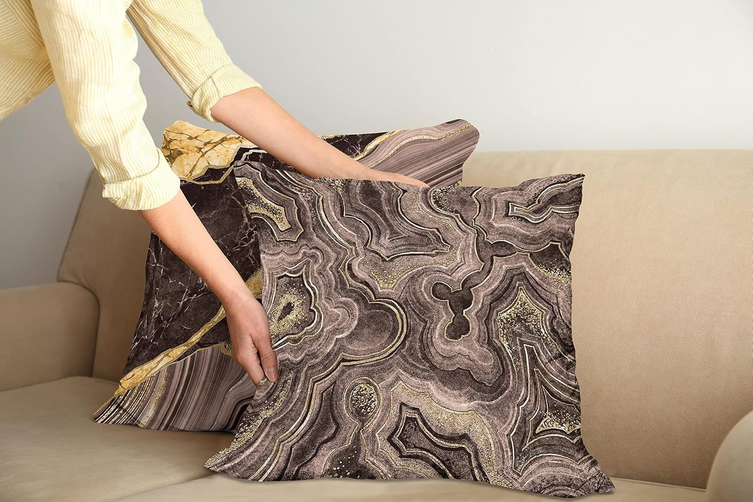 imageAmbesonne Marble Print Decorative Throw Pillow Case Pack of 2 Earthy Tones Themed Abstract Modern Waving Natural Stone Motif Couch Bedroom Living Room Cushion Cover 20 Mustard Taupe and Brown