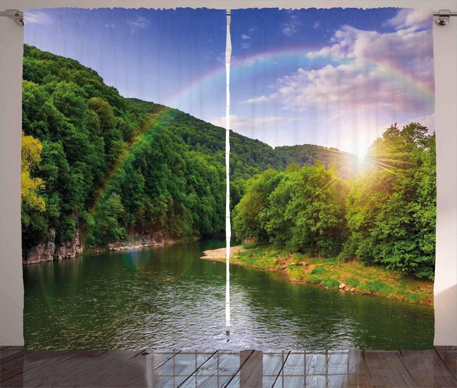 imageAmbesonne Nature Curtains Summer Scene by Mountain Valley with Rainbow Over The Lake Sunny Day Image Living Room Bedroom Window Drapes 2 Panel Set 108 X 96 Green BlueGreen Blue