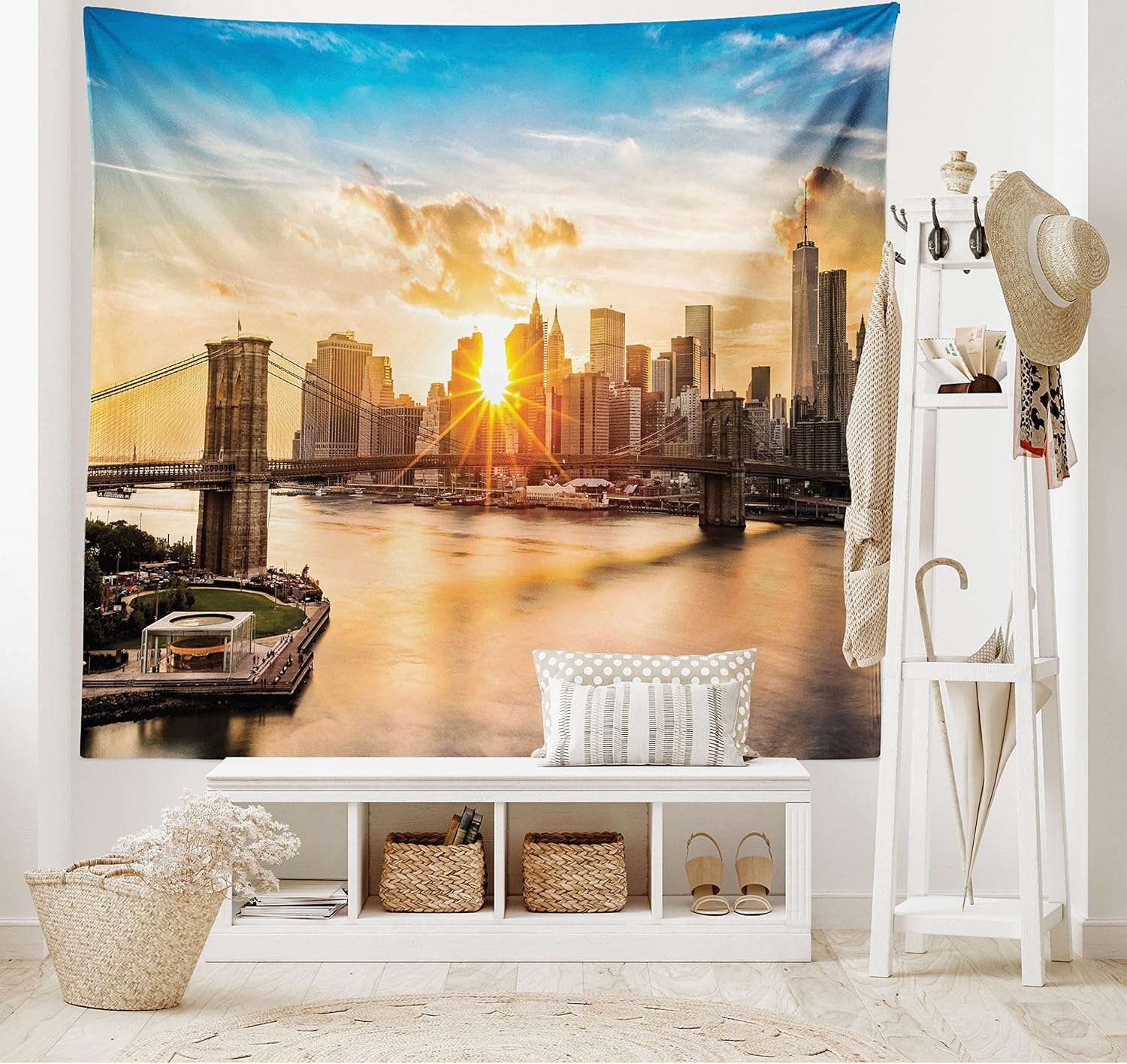 imageAmbesonne New York Tapestry Cityscape of Brooklyn Bridge and Manhattan River Center of Culture Photo Wide Wall Hanging for Bedroom Living Room Dorm 80 X 60 Green Yellow