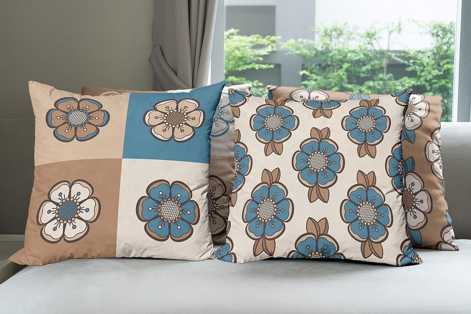 imageAmbesonne Retro Throw Pillow Cushion Case Pack of 4 Nostalgic Flower Petals Spring Vibes on Earthy Colors Mosaic Tile Themed Modern Accent DoubleSided Digital Printing 20 Sea Blue Umber and Tan