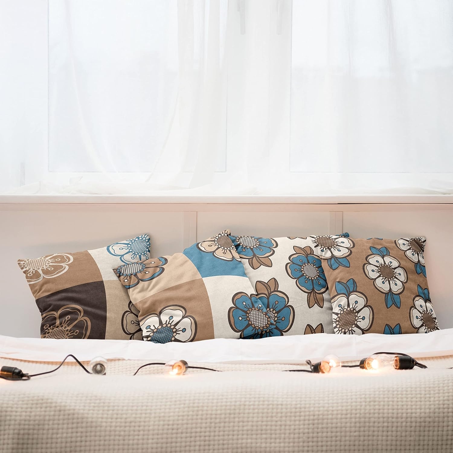 imageAmbesonne Retro Throw Pillow Cushion Case Pack of 4 Nostalgic Flower Petals Spring Vibes on Earthy Colors Mosaic Tile Themed Modern Accent DoubleSided Digital Printing 20 Sea Blue Umber and Tan