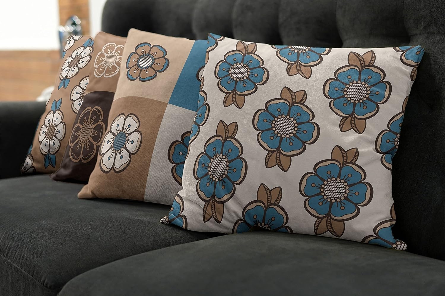 imageAmbesonne Retro Throw Pillow Cushion Case Pack of 4 Nostalgic Flower Petals Spring Vibes on Earthy Colors Mosaic Tile Themed Modern Accent DoubleSided Digital Printing 20 Sea Blue Umber and Tan