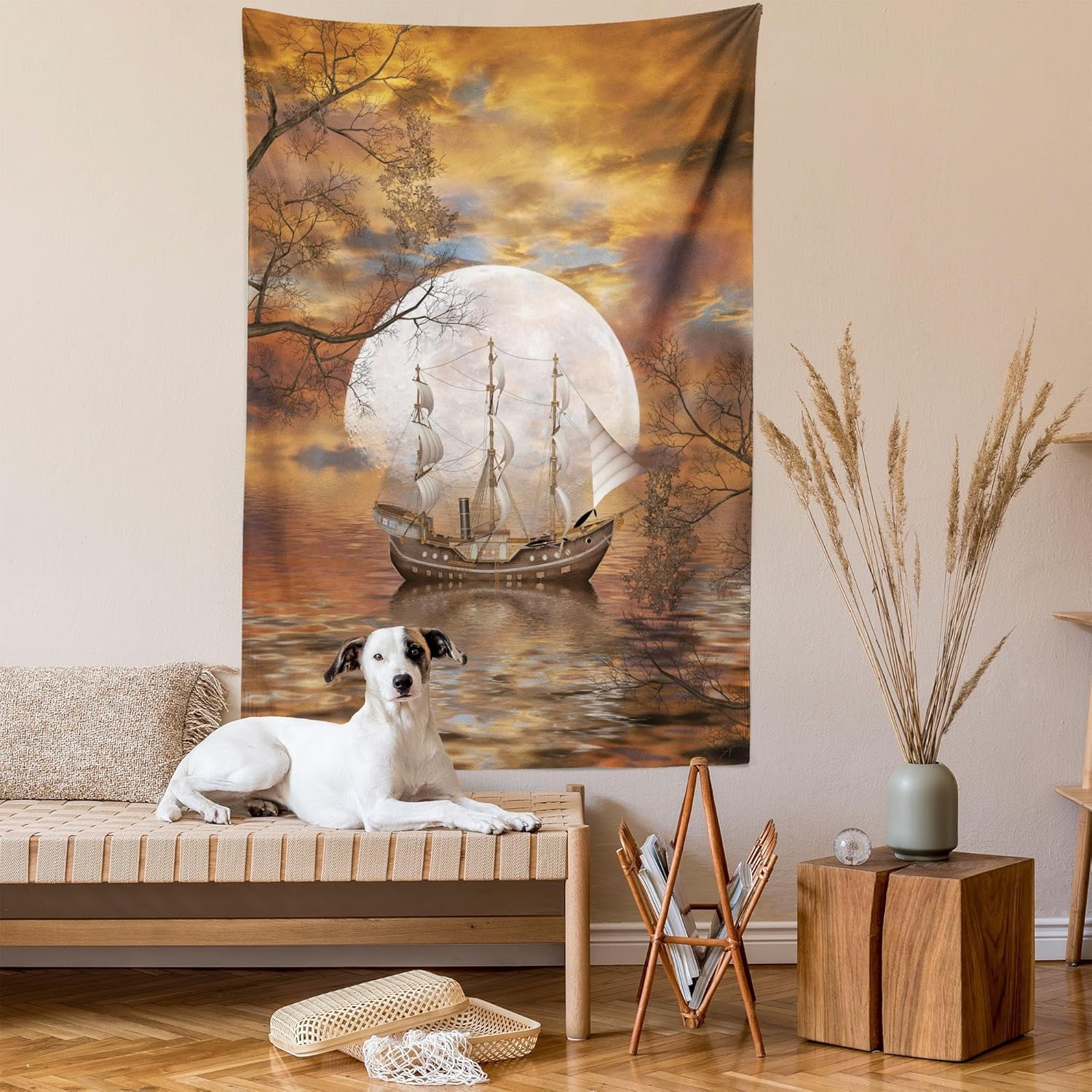 imageAmbesonne Sailboat Tapestry Modern Abstract Illustration of Full Moon Scene with Nautical Elements Wall Hanging for Bedroom Living Room Dorm Decor 60 X 80 Grey Orange