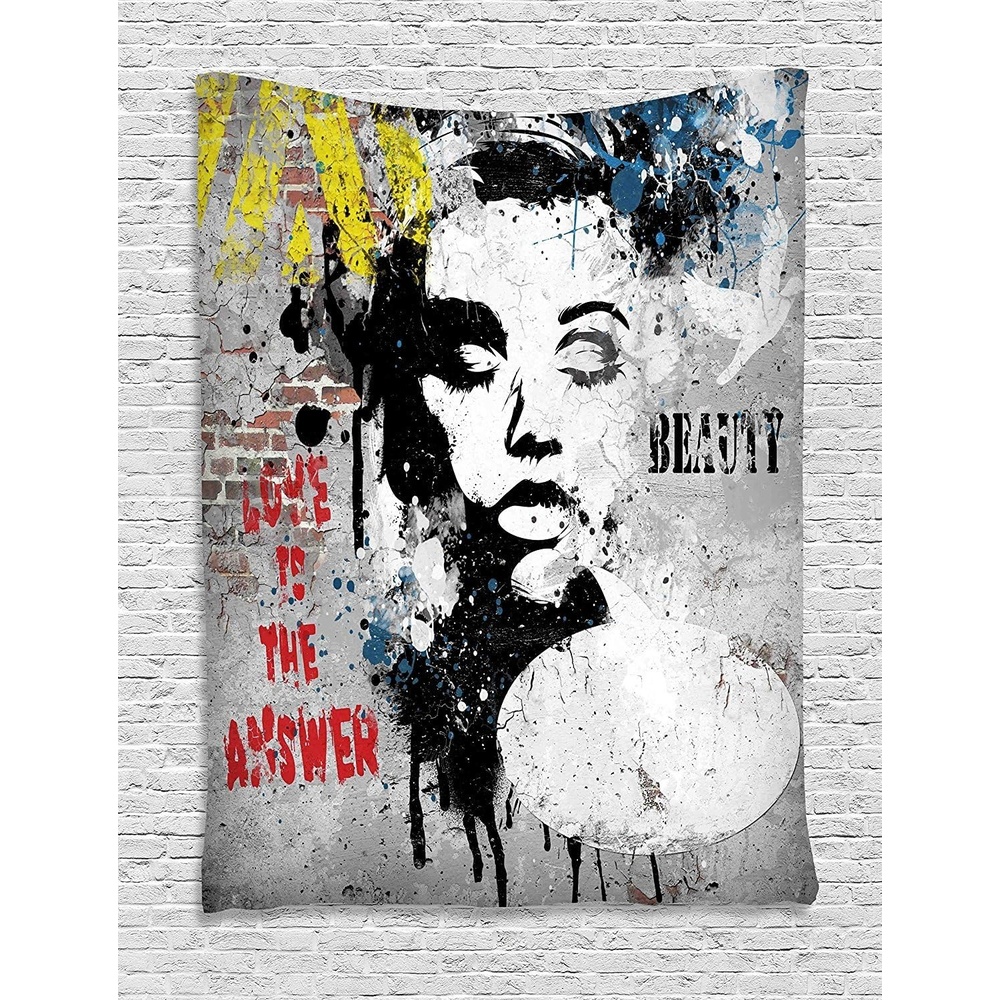 imageAmbesonne Graffiti Tapestry Modern and Grunge Wall a Girl and Words Casual Youth Urban Fashion Print Wall Hanging for Bedroom Living Room Dorm Decor 40 X 60 Yellow Grey
