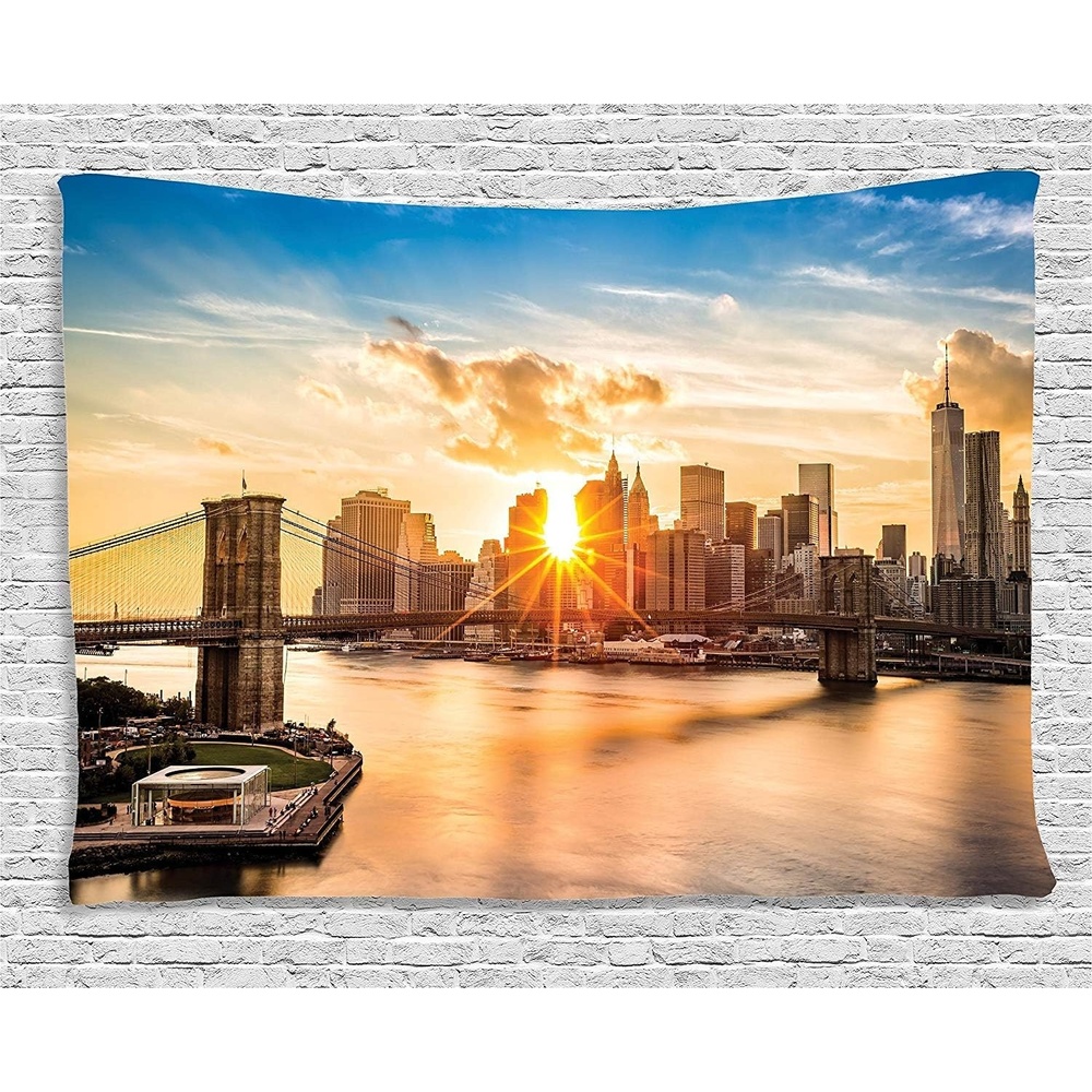 imageAmbesonne New York Tapestry Cityscape of Brooklyn Bridge and Manhattan River Center of Culture Photo Wide Wall Hanging for Bedroom Living Room Dorm 80 X 60 Green Yellow