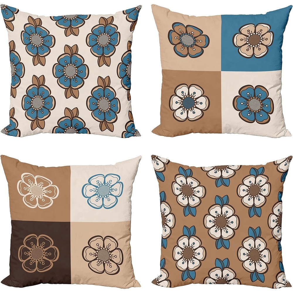 imageAmbesonne Retro Throw Pillow Cushion Case Pack of 4 Nostalgic Flower Petals Spring Vibes on Earthy Colors Mosaic Tile Themed Modern Accent DoubleSided Digital Printing 20 Sea Blue Umber and Tan