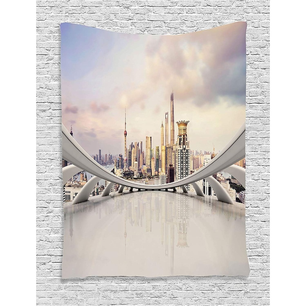 imageAmbesonne Scenery Tapestry Modern City Traffic and Cityscape Shanghai China Cloudscape Commercial Wall Hanging for Bedroom Living Room Dorm Decor 40 X 60 Coconut Cream and IvorySilky Satin Fabric