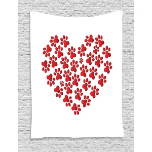Ambesonne Cat Tapestry, Heart Shape Dog Paw Print Funny Fashion Modern Animal Romantic Design Print, Wall Hanging for Bedroom Living Room Dorm Decor, 40″ X 60″, Scarlet White(60″L x 40″W)