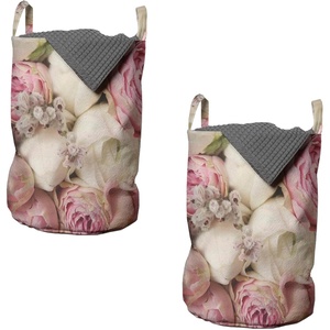 Ambesonne Flower Laundry Bag Pack of 2, Wedding Corsage Arrangement of Roses I Love You Forever Foliage Vintage Themed, Hamper Basket with Handles Drawstring Closure, 13″ x 19″, Pink Beige