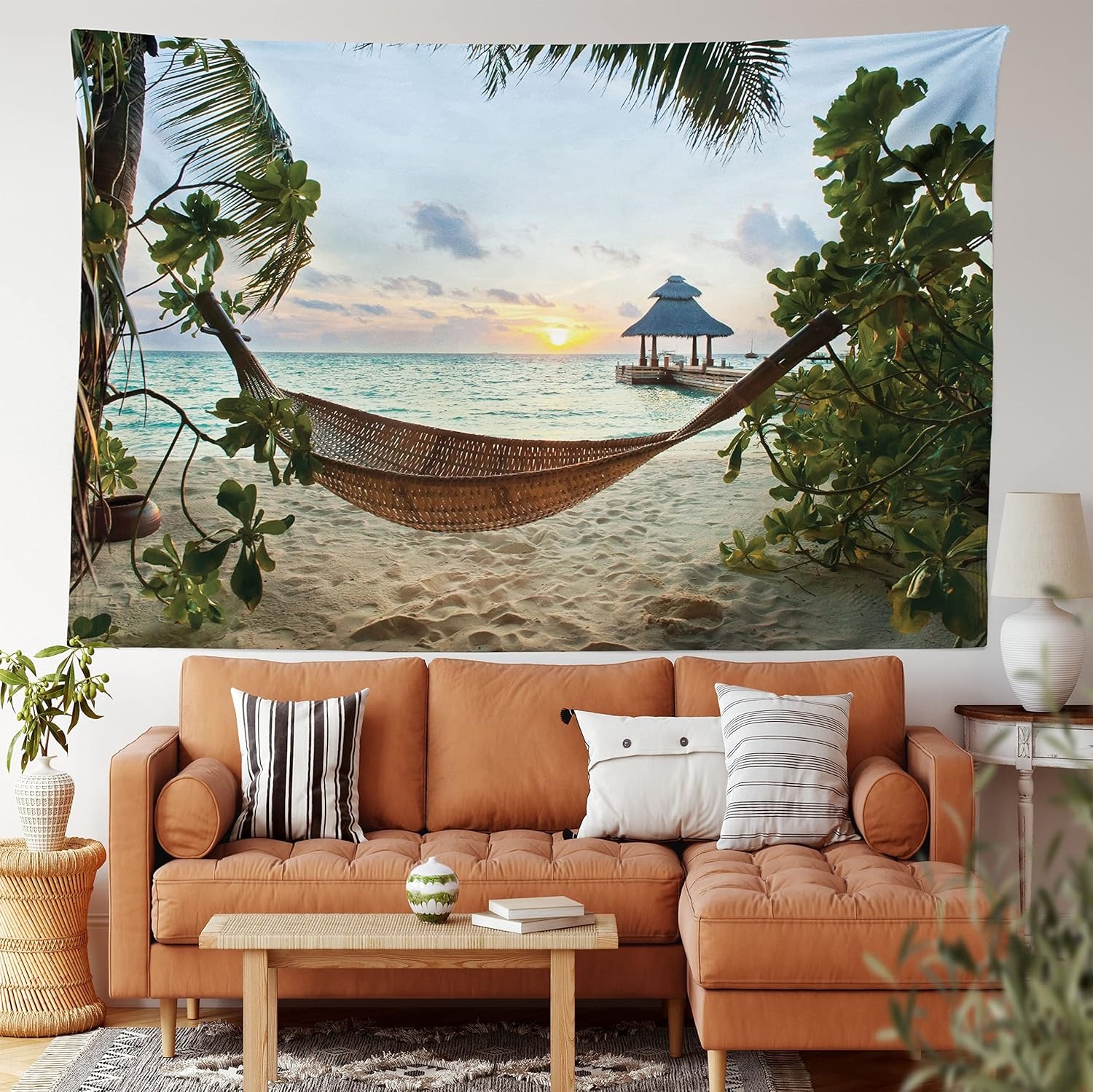 image:imageAmbesonne Beach Tapestry Hammock on Sandy Beach Palm Trees and Wooden Jetty Sunset View Print Wide Wall Hanging for Bedroom Living Room Dorm 60 X 40 Green BrownSilky Satin Fabric