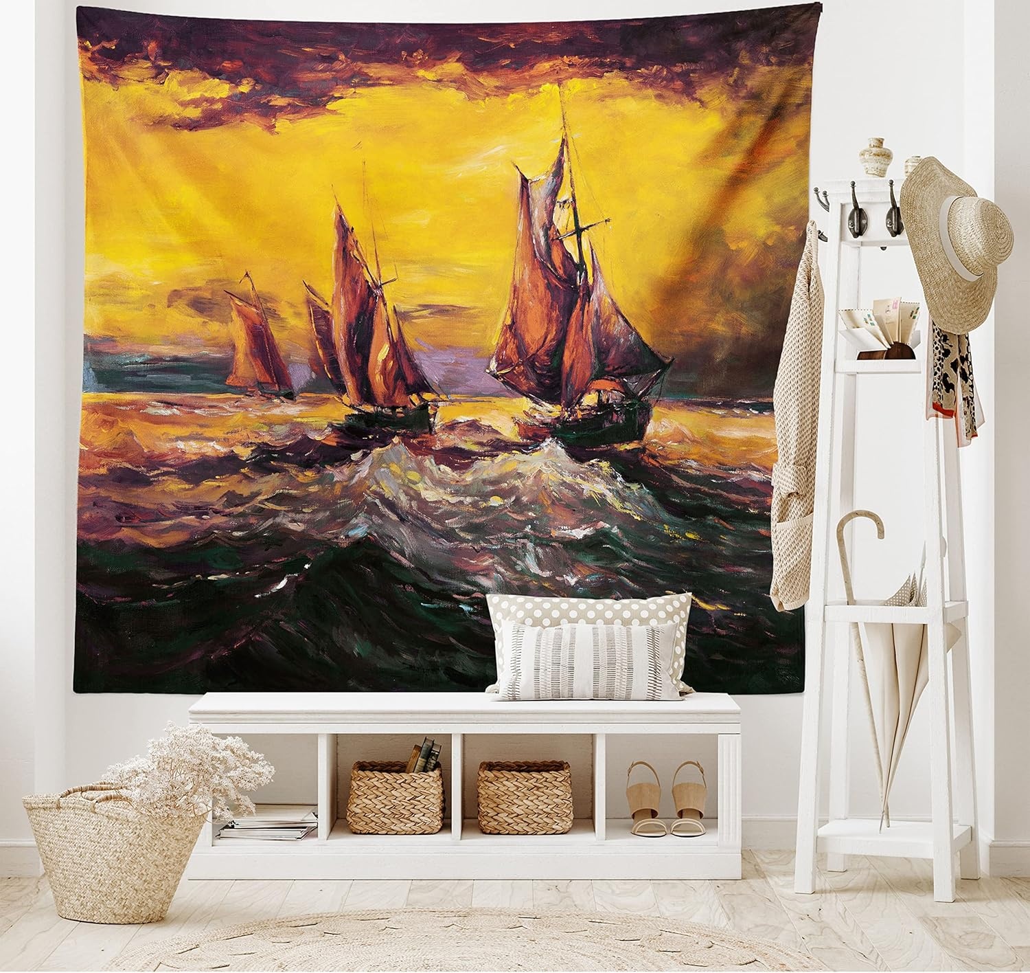 image:imageAmbesonne Country Tapestry Image of Old Sailboats Ships Cruising in Waves at Sunrise Time Dark Sky Art Wide Wall Hanging for Bedroom Living Room Dorm 80 X 60 Yellow Orange