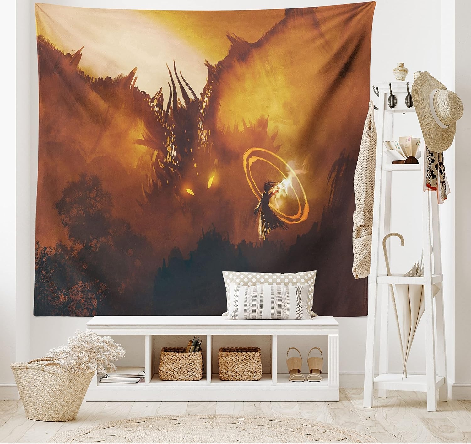 image:imageAmbesonne Fantasy Tapestry Calling of the Dragon Magician for Evil Powers of the Universe Art Print Wide Wall Hanging for Bedroom Living Room Dorm 80 X 60 Orange Brown
