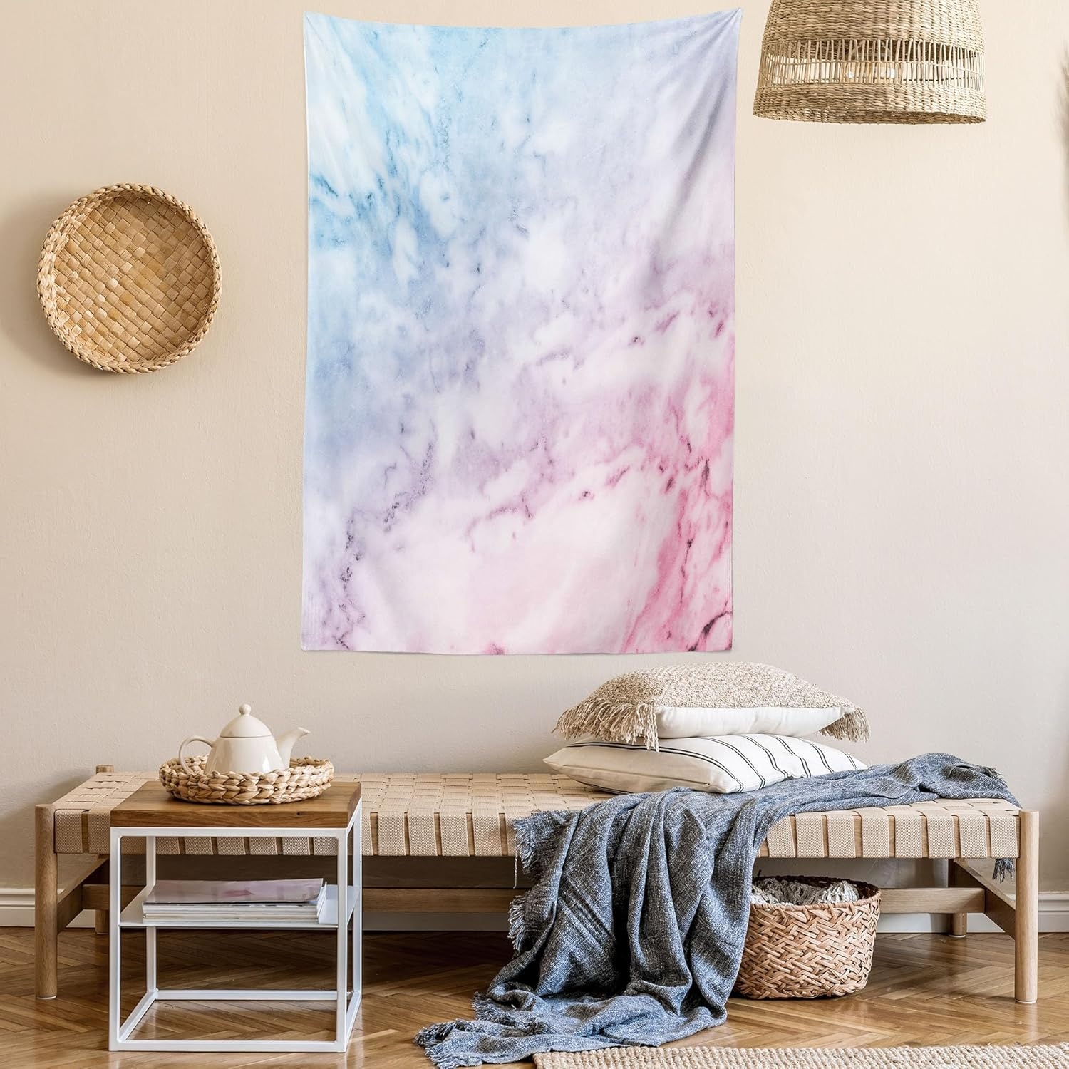 image:imageAmbesonne Fantasy Tapestry Celestial View of Snow Capped Mountains and Alien Planet Print Wide Wall Hanging for Bedroom Living Room Dorm 60 X 40 White and Navy BluePink Mauve and Blue