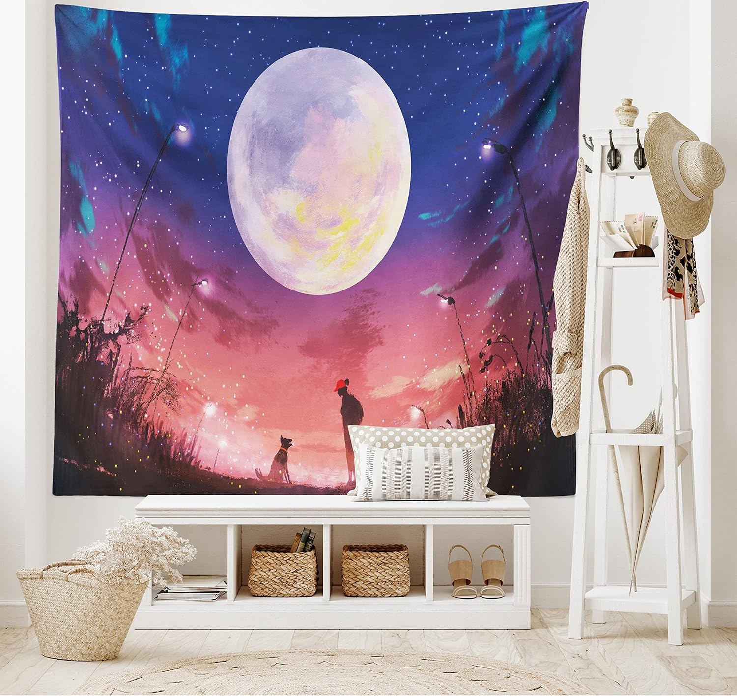 image:imageAmbesonne Fantasy Tapestry Young Woman with a Dog Under Huge Moon Starry Sky Celestial Friendship Art Wide Wall Hanging for Bedroom Living Room Dorm 60 X 40 Coral Indigo
