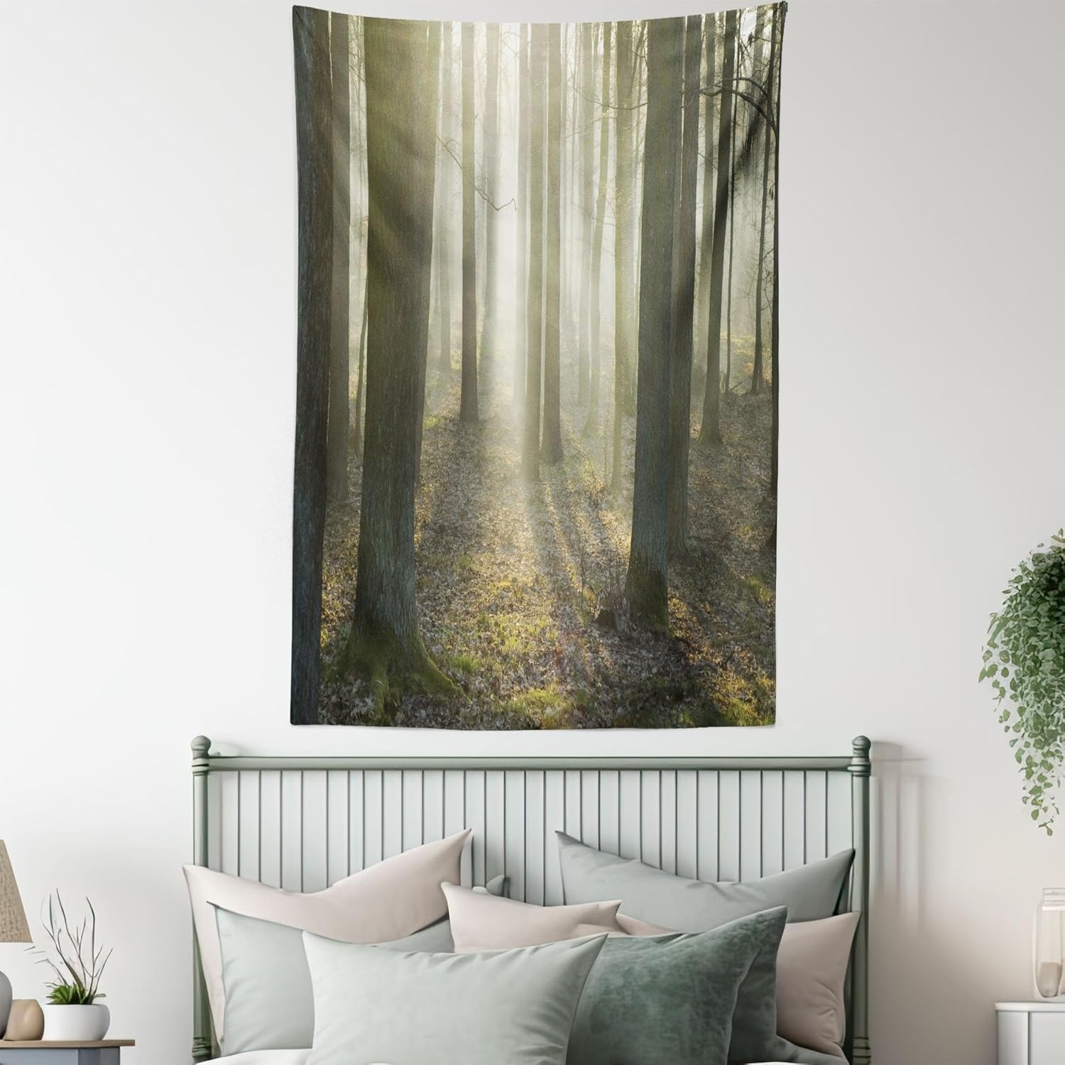 image:imageAmbesonne Forest Tapestry Foggy Oak Forest in Autumn Morning Sunbeams Entering from The Back Image Misty Dusk Twilight Nature Print Wall Hanging for Bedroom Living Room Dorm 60 X 80 White Tan
