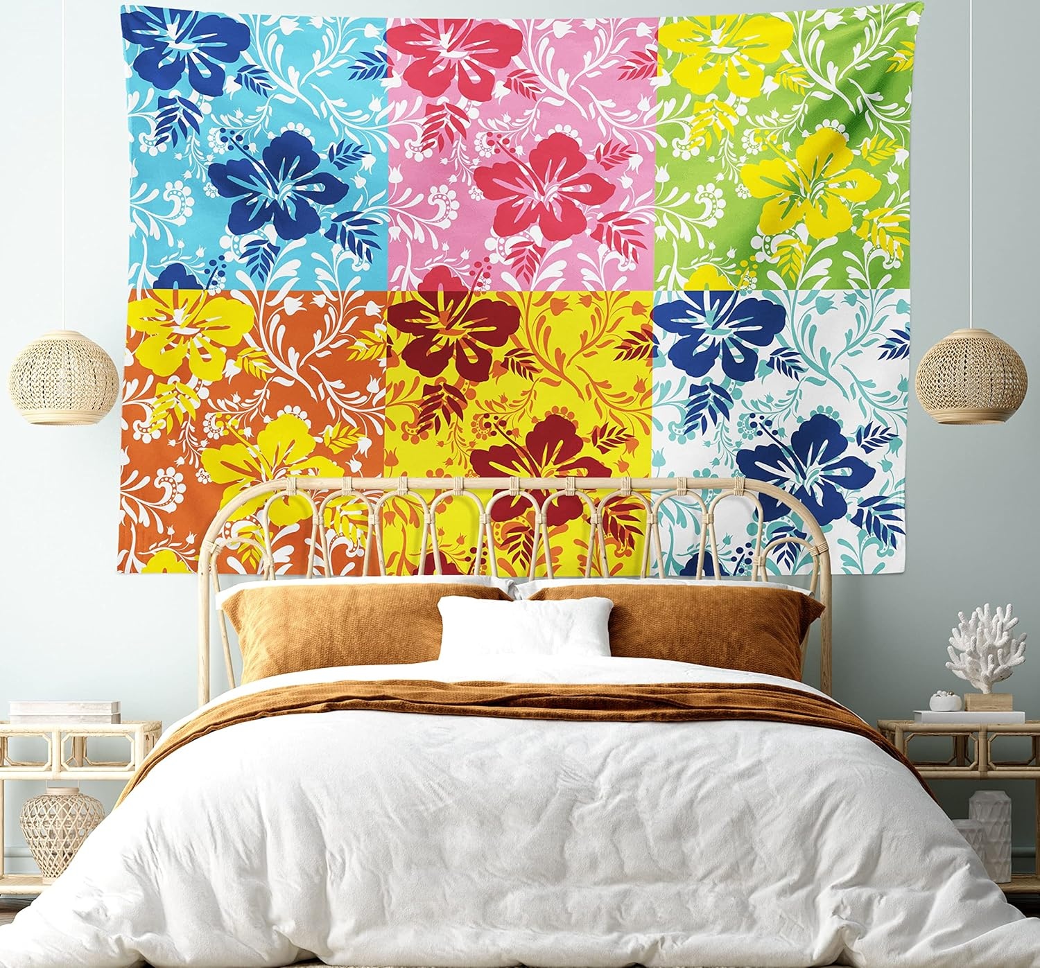 image:imageAmbesonne Hawaiian Tapestry Tropical Colorful Blooming Hibiscus Flower Summer Themed Pattern Leaves Wide Wall Hanging for Bedroom Living Room Dorm 80 X 60 Blue Pink Green