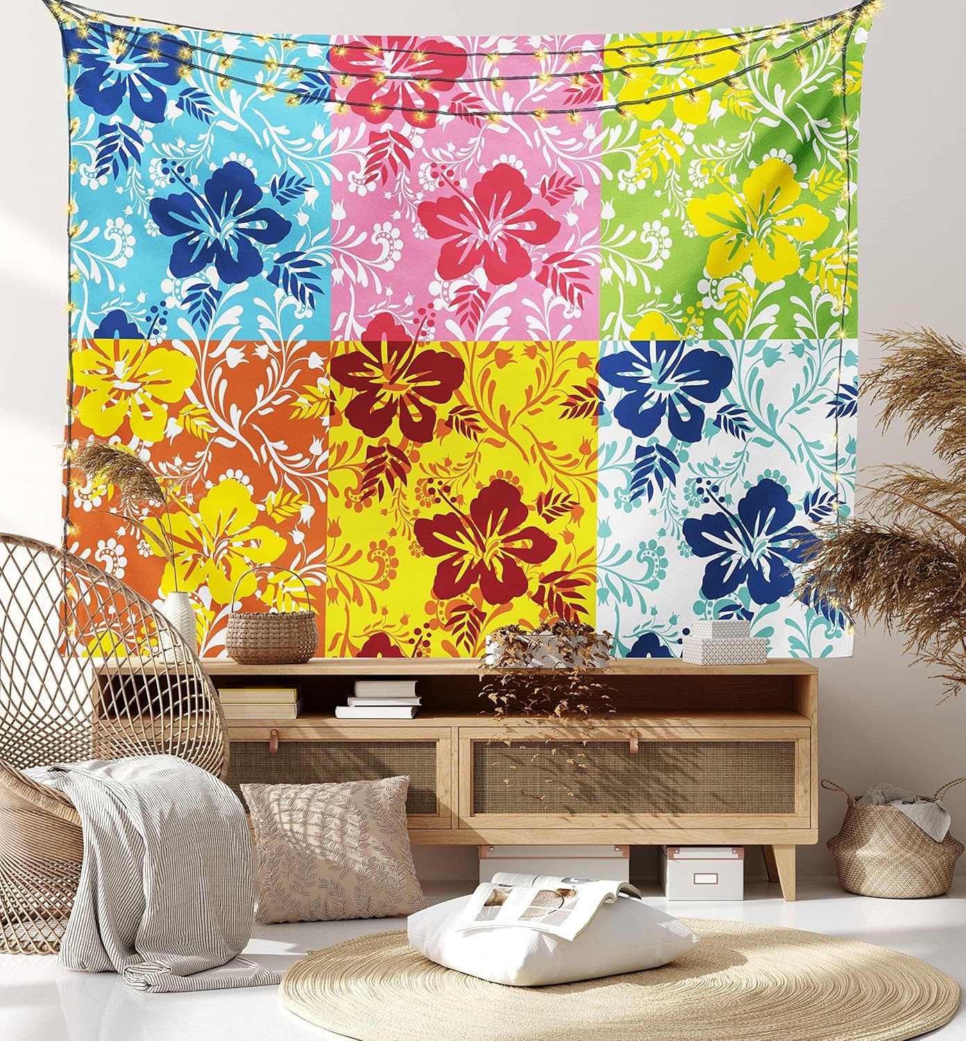 image:imageAmbesonne Hawaiian Tapestry Tropical Colorful Blooming Hibiscus Flower Summer Themed Pattern Leaves Wide Wall Hanging for Bedroom Living Room Dorm 80 X 60 Blue Pink Green