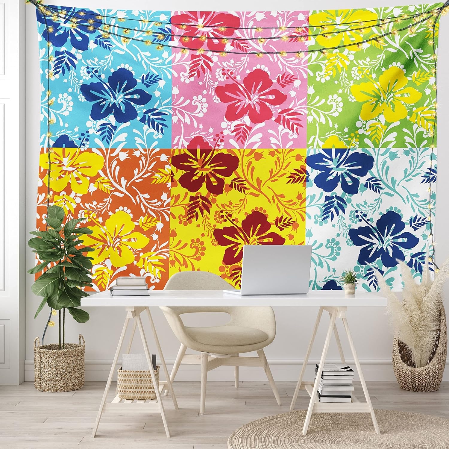 image:imageAmbesonne Hawaiian Tapestry Tropical Colorful Blooming Hibiscus Flower Summer Themed Pattern Leaves Wide Wall Hanging for Bedroom Living Room Dorm 80 X 60 Blue Pink Green