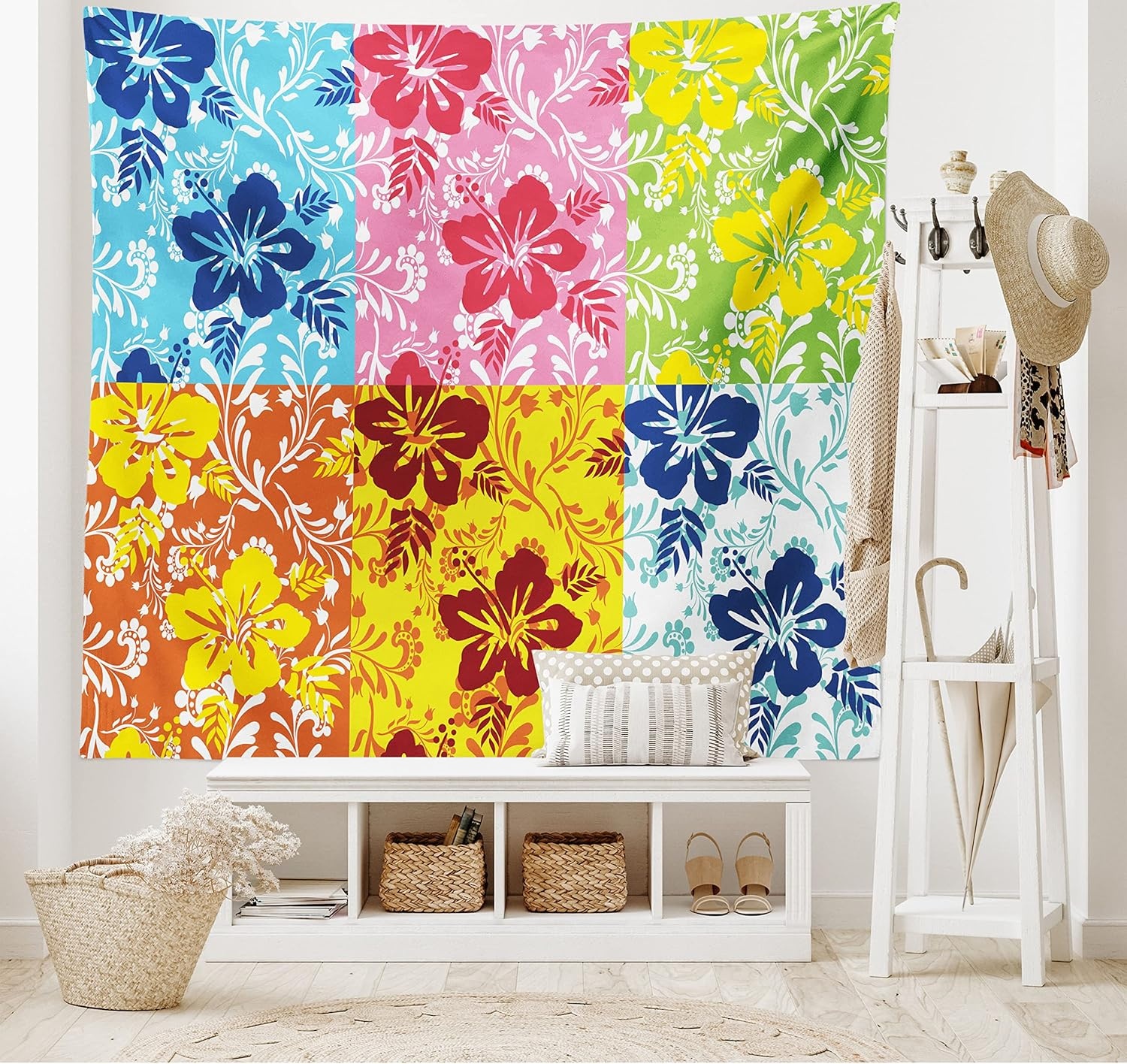 image:imageAmbesonne Hawaiian Tapestry Tropical Colorful Blooming Hibiscus Flower Summer Themed Pattern Leaves Wide Wall Hanging for Bedroom Living Room Dorm 80 X 60 Blue Pink Green