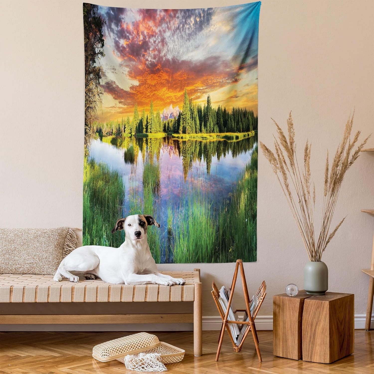 image:imageAmbesonne Landscape Tapestry Calm Natural Sunrise by River Forest Trees Clouds Sun Reflection on Water Wall Hanging for Bedroom Living Room Dorm Decor 40 X 60 Green Orange