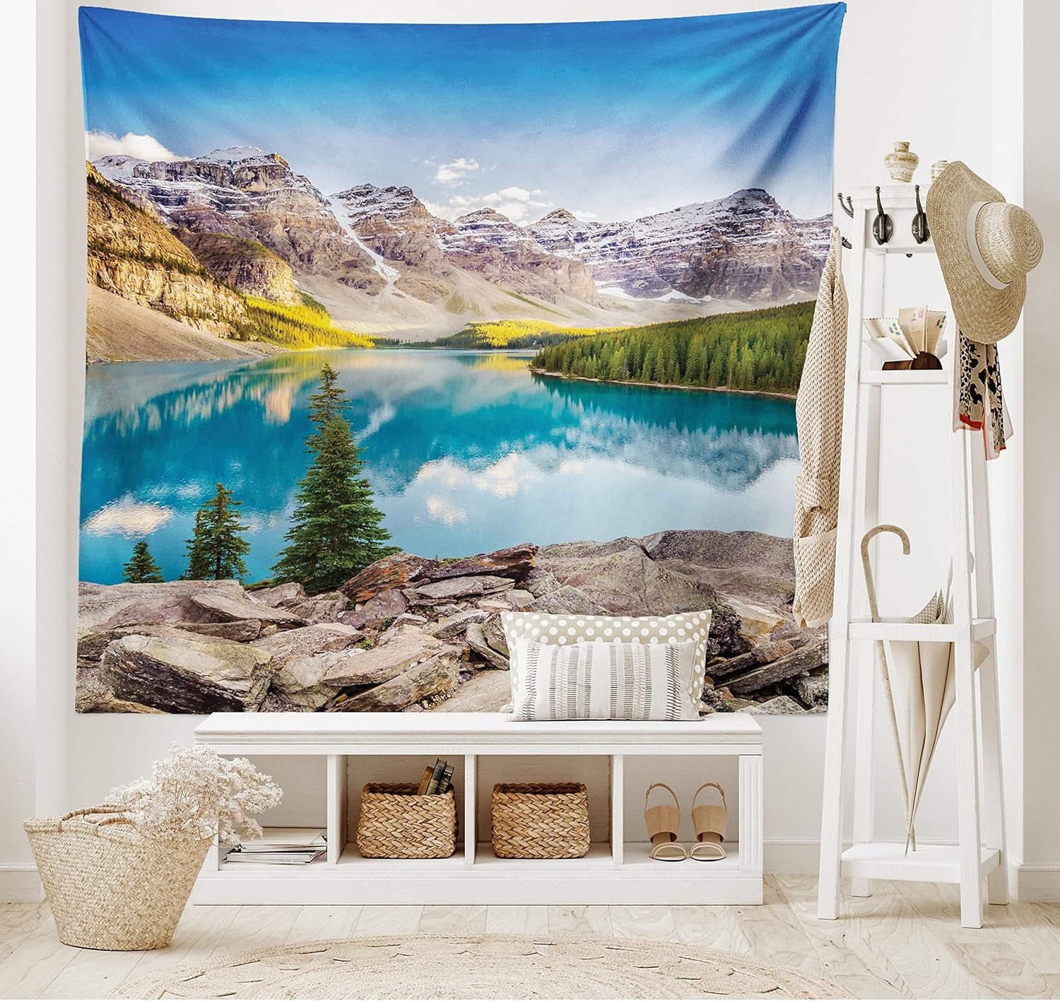 image:imageAmbesonne Landscape Tapestry Still Calm Lake and Mountain Landscape with Rock and Sky Dream Life Print Wide Wall Hanging for Bedroom Living Room Dorm 80 X 60 Blue Green Grey