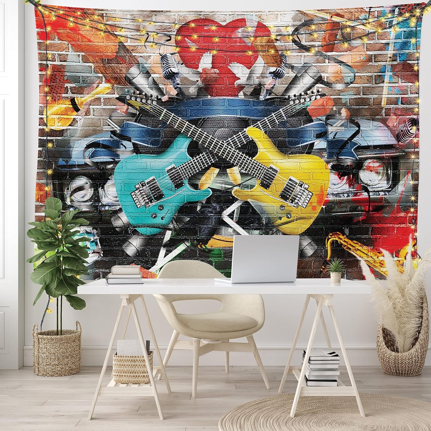 image:imageAmbesonne Music Tapestry Collage of Music Color and Musical Instruments Street Wall Art Joyful Nostalgia Print Wide Wall Hanging for Bedroom Living Room Dorm 60 X 40 Yellow Teal