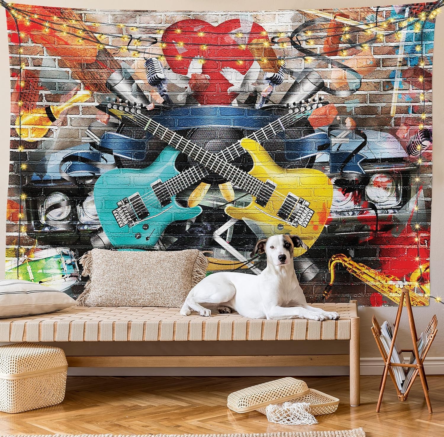 image:imageAmbesonne Music Tapestry Collage of Music Color and Musical Instruments Street Wall Art Joyful Nostalgia Print Wide Wall Hanging for Bedroom Living Room Dorm 60 X 40 Yellow Teal