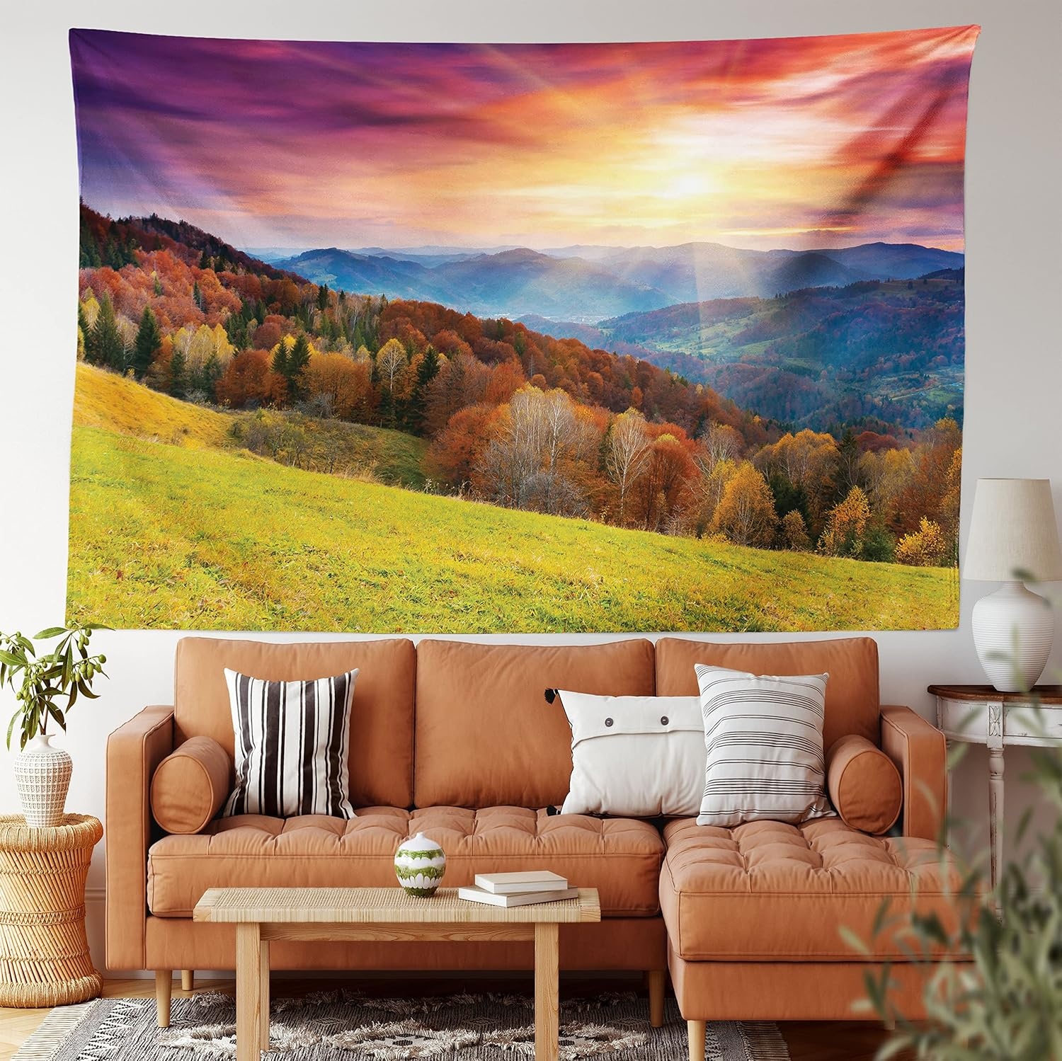 image:imageAmbesonne Nature Tapestry Mountains in Autumn Theme Landscape and Vibrant Sunset Photography Print Wide Wall Hanging for Bedroom Living Room Dorm 60 X 40 Magenta Green