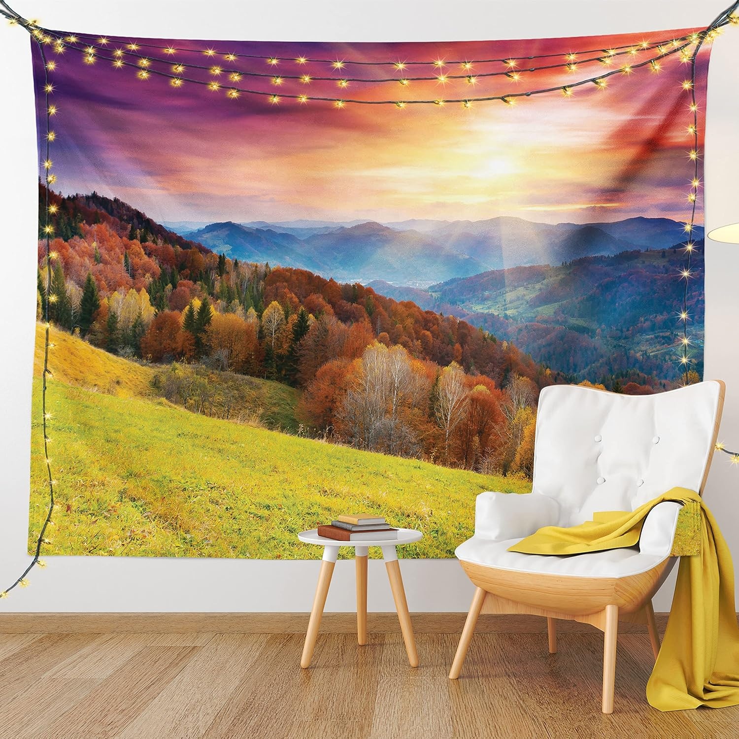 image:imageAmbesonne Nature Tapestry Mountains in Autumn Theme Landscape and Vibrant Sunset Photography Print Wide Wall Hanging for Bedroom Living Room Dorm 60 X 40 Magenta Green