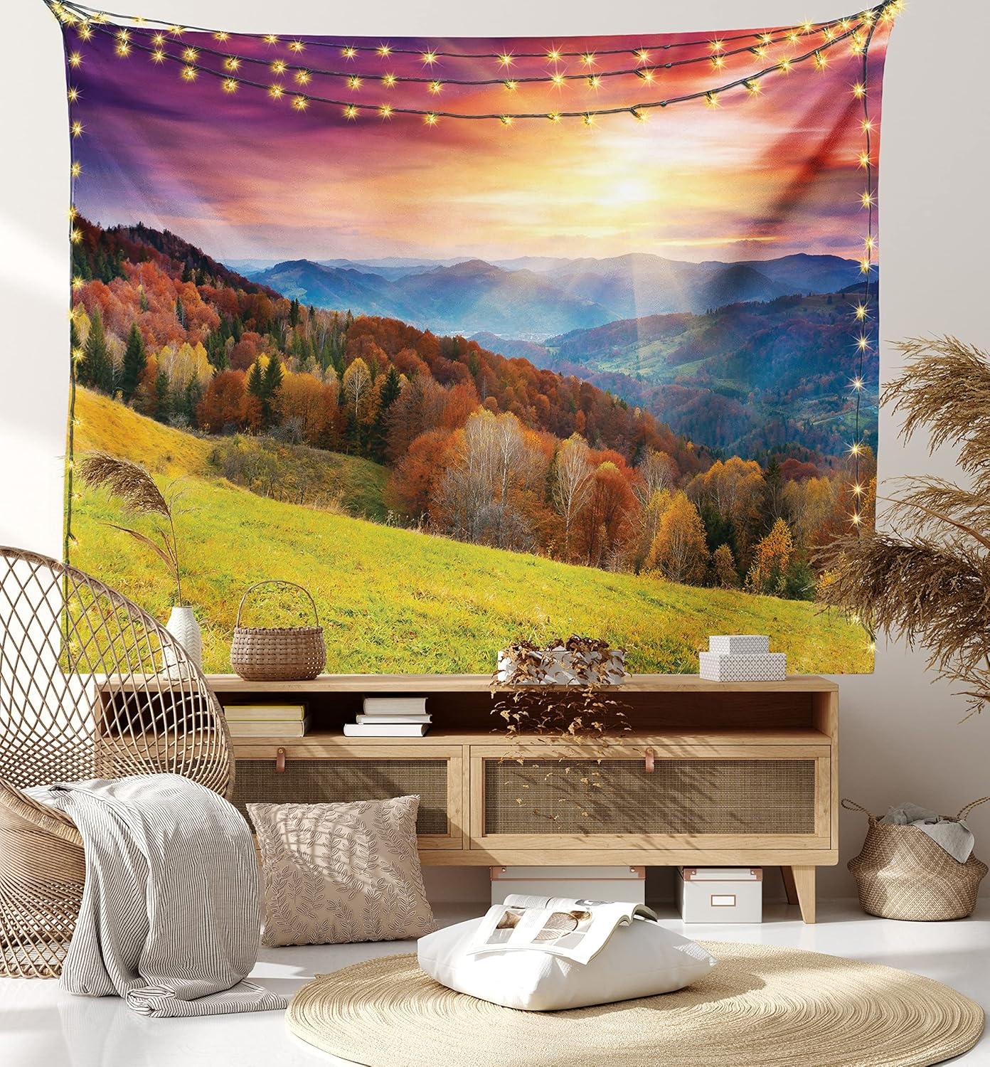 image:imageAmbesonne Nature Tapestry Mountains in Autumn Theme Landscape and Vibrant Sunset Photography Print Wide Wall Hanging for Bedroom Living Room Dorm 60 X 40 Magenta Green