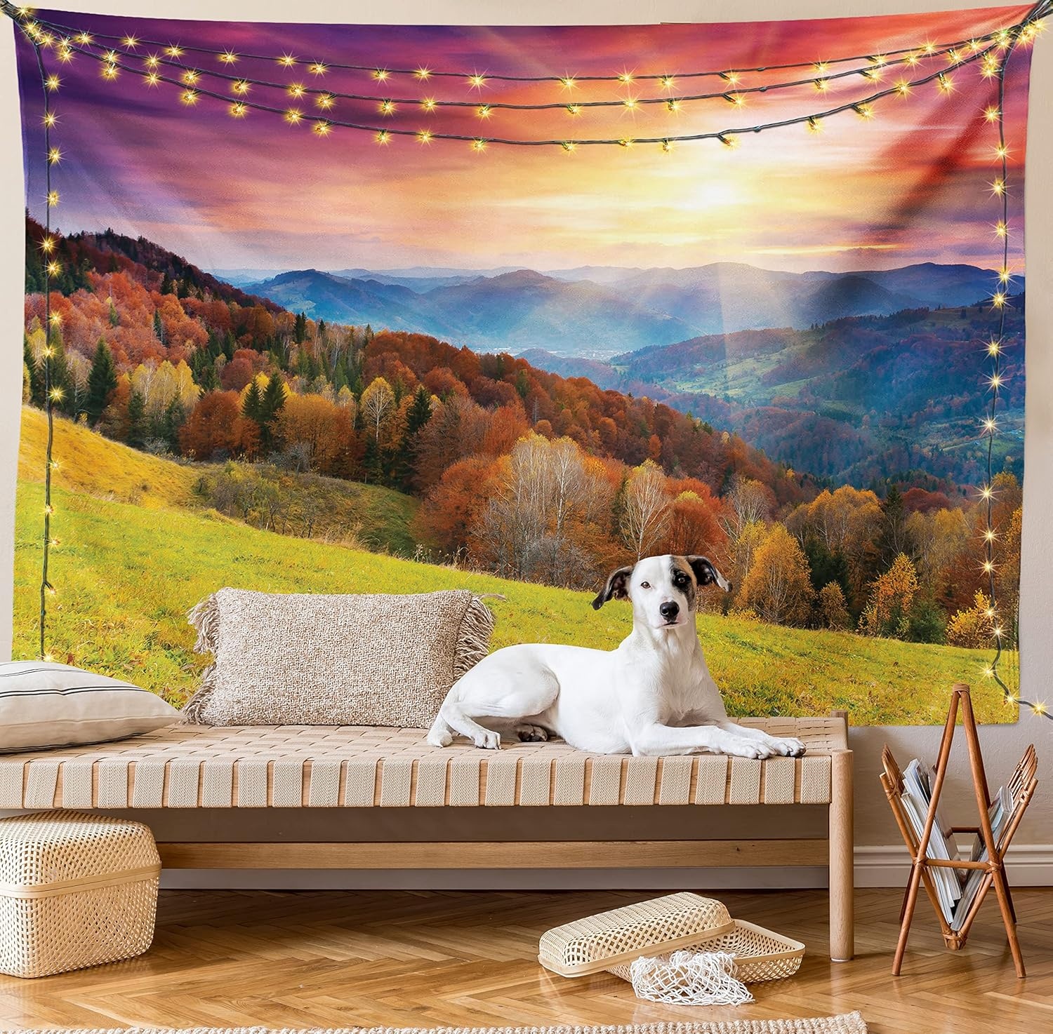image:imageAmbesonne Nature Tapestry Mountains in Autumn Theme Landscape and Vibrant Sunset Photography Print Wide Wall Hanging for Bedroom Living Room Dorm 60 X 40 Magenta Green