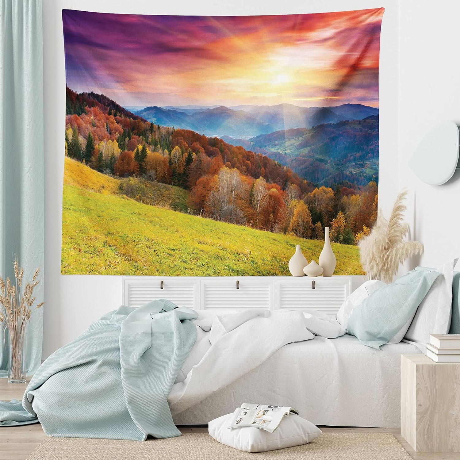 image:imageAmbesonne Nature Tapestry Mountains in Autumn Theme Landscape and Vibrant Sunset Photography Print Wide Wall Hanging for Bedroom Living Room Dorm 60 X 40 Magenta Green