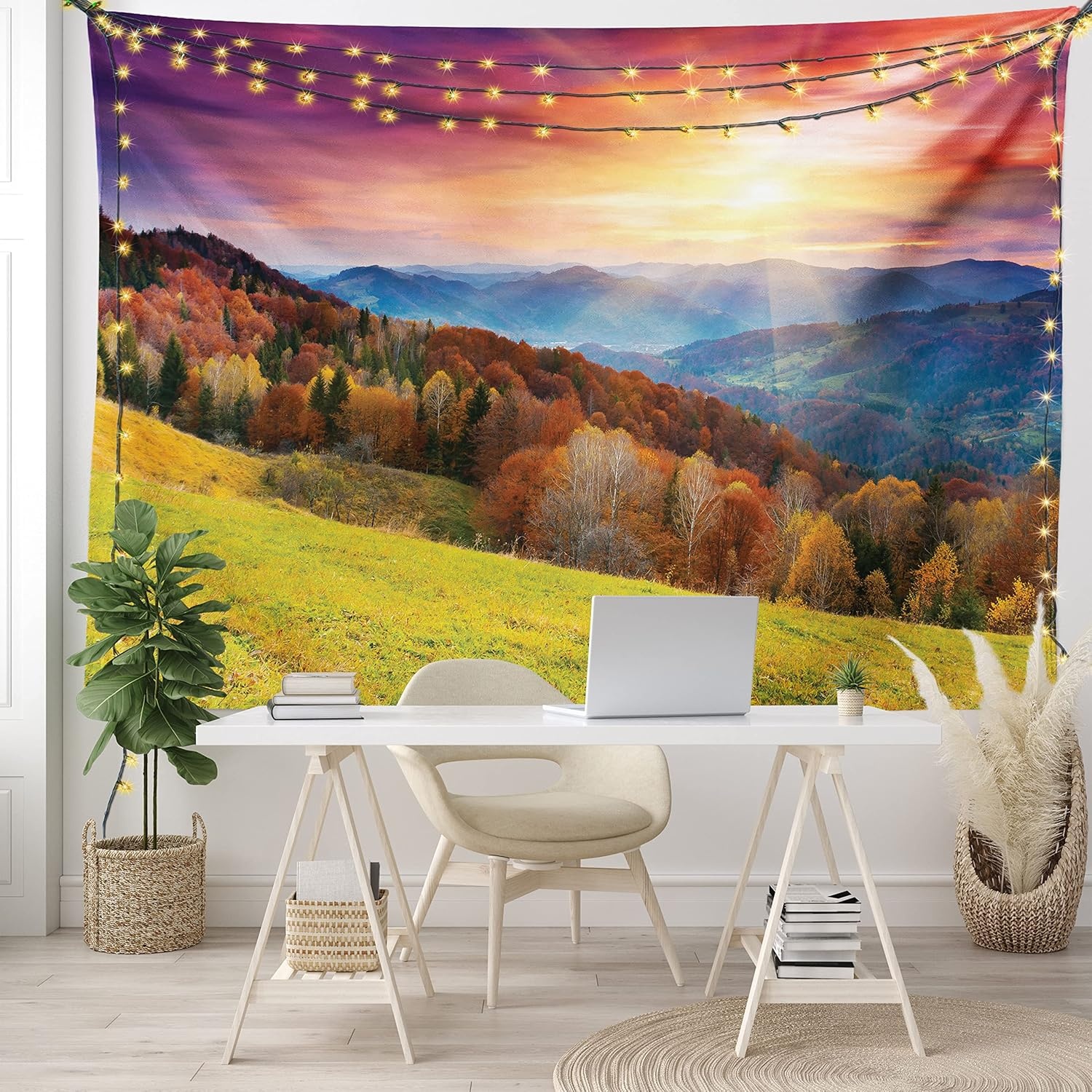 image:imageAmbesonne Nature Tapestry Mountains in Autumn Theme Landscape and Vibrant Sunset Photography Print Wide Wall Hanging for Bedroom Living Room Dorm 60 X 40 Magenta Green