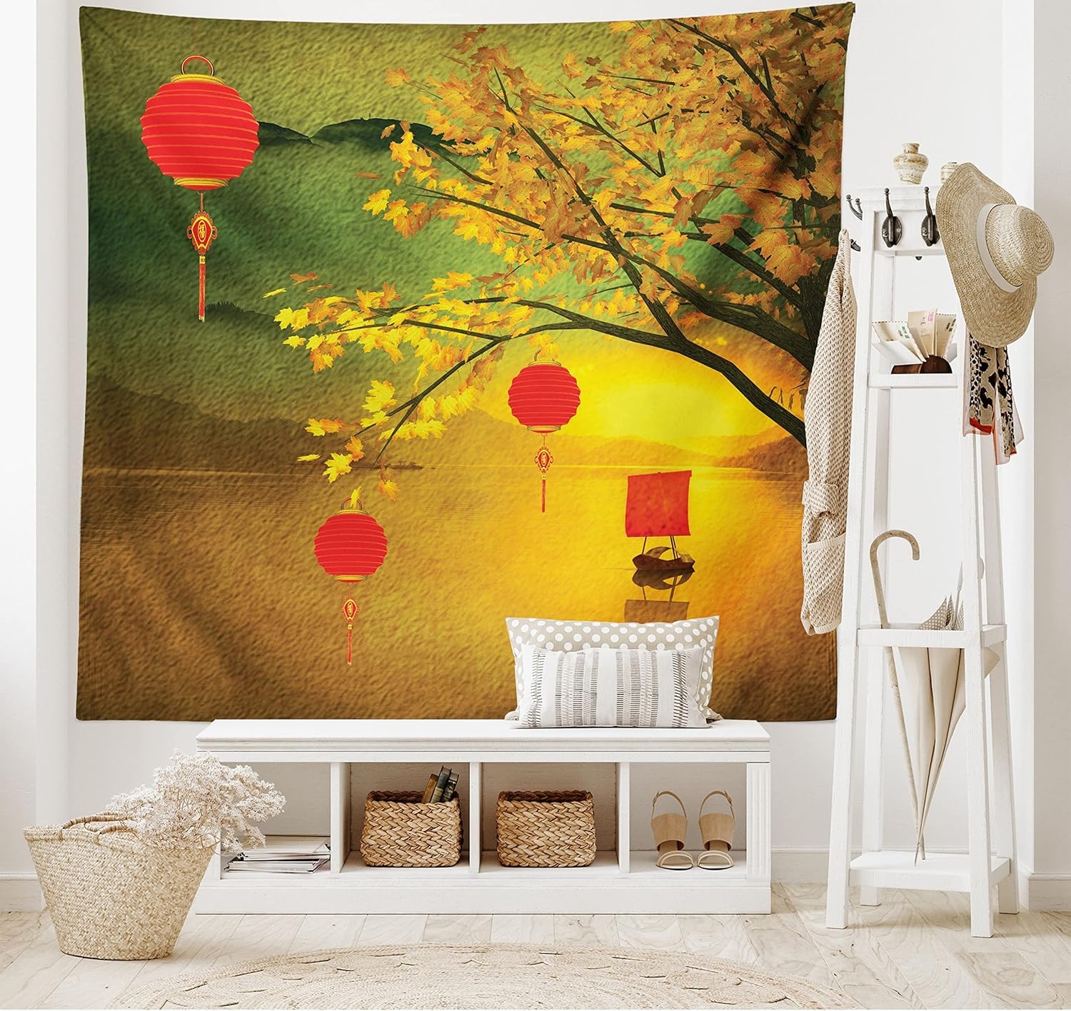 image:imageAmbesonne Oriental Tapestry Traditional Chinese Folk Hanging from Pale Fall Trees Lake Faded Nature Photo Wide Wall Hanging for Bedroom Living Room Dorm 80 X 60 Yellow Green